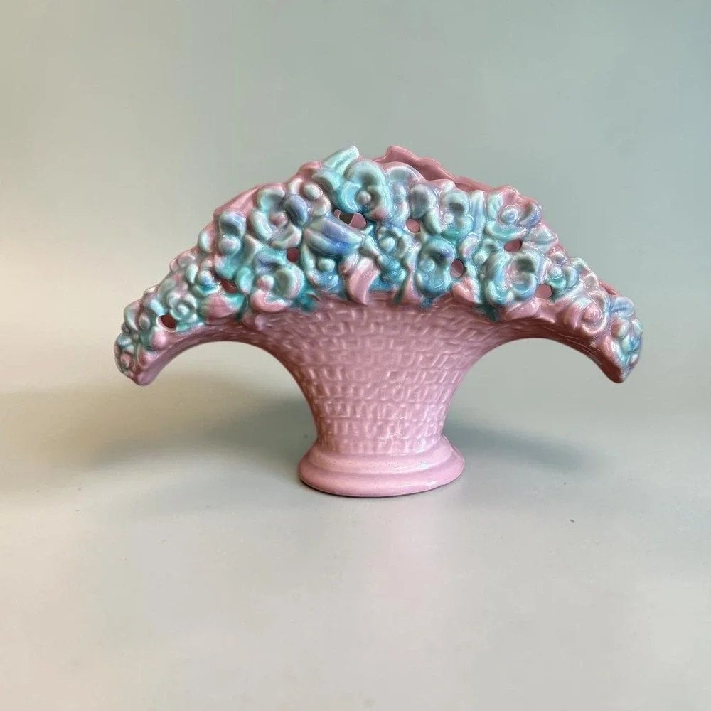 Vintage Royal Haeger Hickman Art Pottery Pink Flower Basket‎ Vase USA